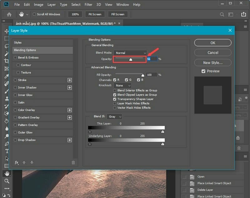 Bước 5: Trên thanh trượt ở phần Opacity kéo sang trái để làm mờ, sang phải để làm nét logo. Sau khi kéo xong > Bấm OK để xác nhận.