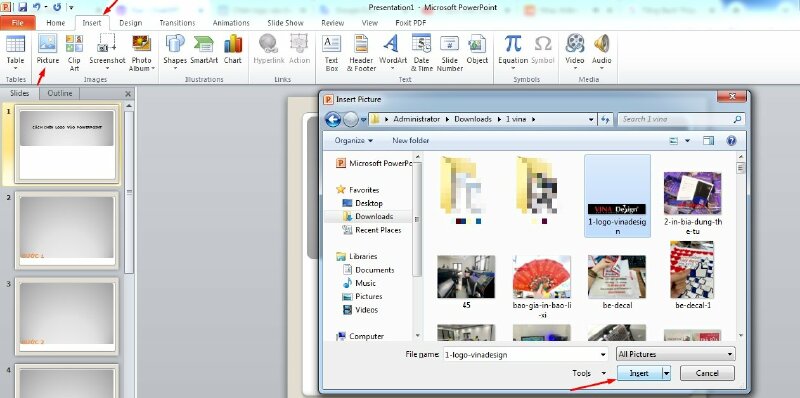 Bước 2: Chọn Insert (Chèn) trên thanh công cụ > Chọn "Picture" (Hình ảnh) > Bấm chọn hình logo cần chèn > Bấm Insert > Logo sẽ được chèn vào slide PowerPoint của bạn.