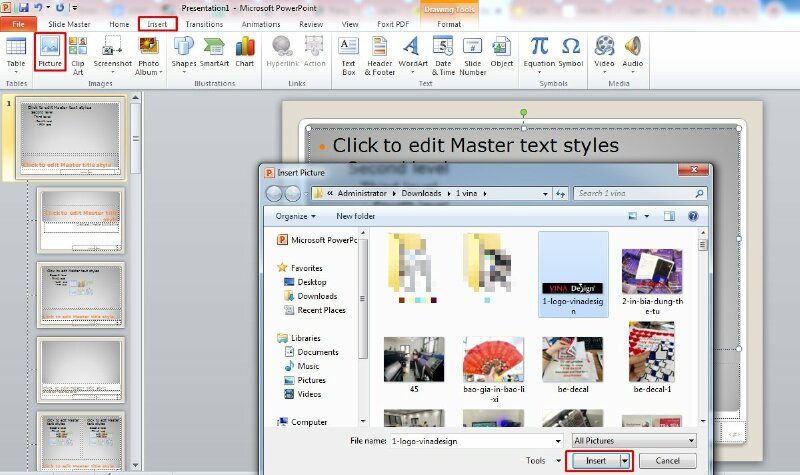 Chọn Insert (Chèn) trên thanh công cụ > Chọn "Picture" (Hình ảnh) > Bấm chọn hình logo cần chèn > Bấm Insert > Logo sẽ được chèn vào slide PowerPoint của bạn.
