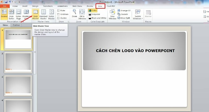 Trong thanh công cụ, chọn tab "View" > Trong mục "Master Views," chọn "Slide Master."