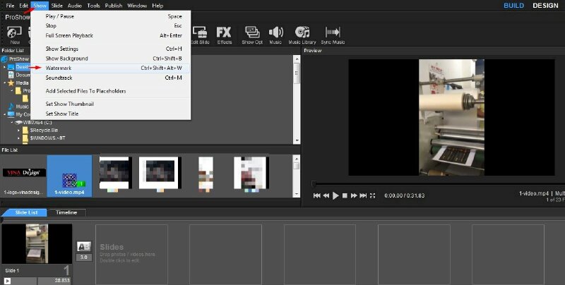 Bạn nhấp vào "Show" > chọn "Watermark" hoặc nhấn tổ hợp phím Ctrl + Shift + Alt + W.
