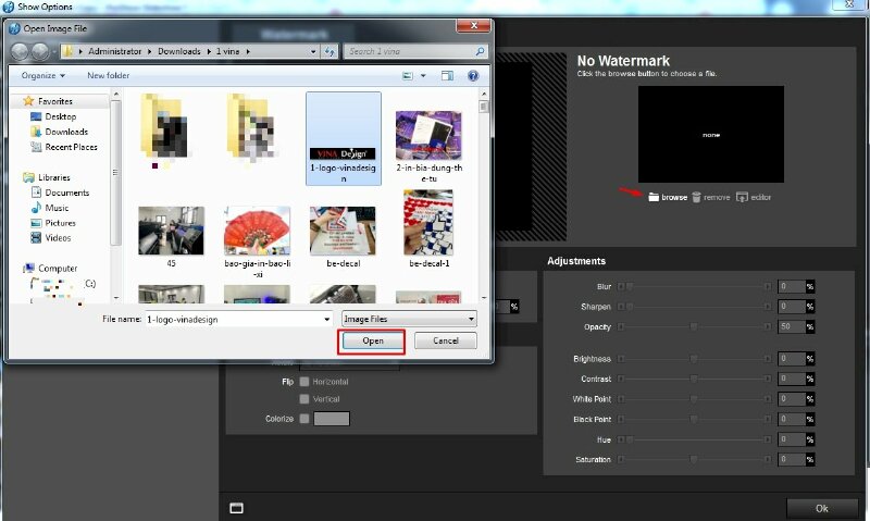 Trong giao diện Watermark, nhấp vào "Browse" để tìm và chọn hình ảnh mà bạn muốn sử dụng làm logo cho video. Sau đó, nhấp vào "Open" để mở logo trong Proshow Producer.
