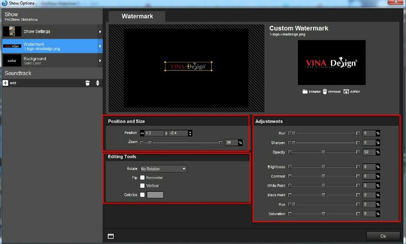Hoặc, bạn cũng có thể điều chỉnh các thông số của logo trong phần "Position and Size" (Vị trí và kích thước). Điều chỉnh thông số vị trí tại "Position"và kích thước tại "Zoom".