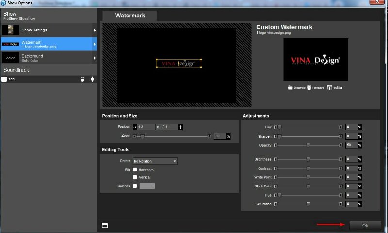 Khi bạn đã hoàn tất các chỉnh sửa, hãy nhấp vào nút "OK" ở dưới giao diện. Trong giao diện chính của ProShow Producer, bạn sẽ thấy logo đã được chèn vào video. Tại đây, bạn có thể tiếp tục thực hiện bất kỳ chỉnh sửa video nào nếu cần thiết.