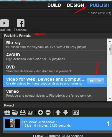 Cuối cùng, để xuất video đã chèn logo, bạn hãy chọn Publish ở thanh menu > Ở Publishing Formats chọn Video for Web, Device and Computer > Click vào nút Create.