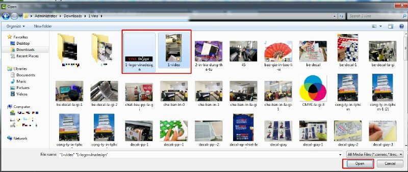  Chọn hình logo và video cần thêm > Nhấn Open  