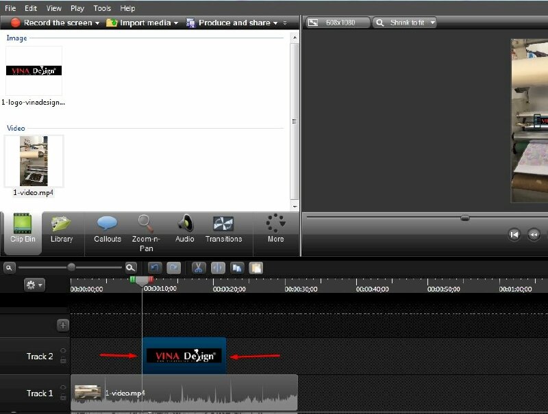 Để điều chỉnh thời gian hiển thị logo trong video bạn hãy để chuột vào logo sẽ sẽ thấy hai dấu mũi tên ở đầu và cuối lớp này trên timeline, lúc này chỉ cần kéo mũi tên bên phải của logo đến thời điểm bạn muốn nó xuất hiện trong video.