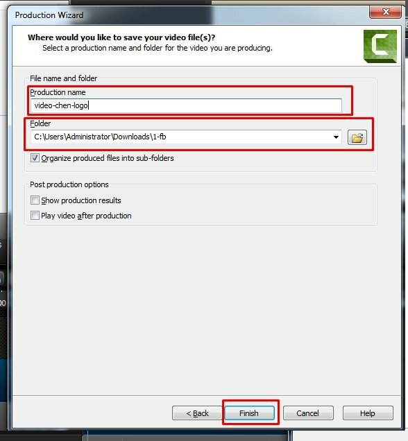 Đặt tên cho Video sau khi Render xong tại mục Production name và Chọn thư mục lưu file sau khi Render xong tại Folder