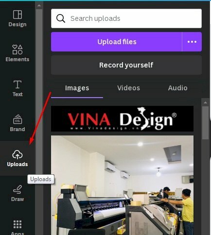 Bước 3: Ở thanh công cụ phía bên trái hãy chọn tùy chọn "Uploads" (Tải lên) để tải lên video và logo từ máy tính của bạn.