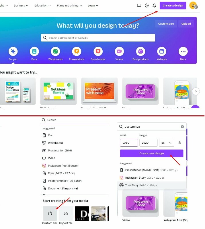 Bước 2: Sau khi đăng nhập thành công, bạn sẽ thấy giao diện chính của Canva. Tại đây, bấm tạo một thiết kế mới mới bằng cách nhấp vào Create a design > Nhấp vào nút "Custom dimensions" nhập kích thước video vào > Chọn Create new design