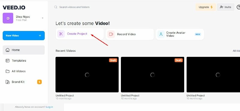 Bước 3: Nhấp vào Create Project > Chọn Upload a File > Chọn video cần chèn logo vào dự án > Nhấp Open. Như vậy video sẽ được thêm vào dự án.