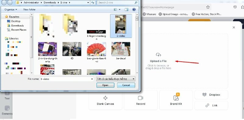 Bước 4: Để thêm logo vào dự án hãy nhấn vào Media > Chọn Upload a File > Chọn logo cần chèn vào video > Nhấp Open. Như vậy video sẽ được thêm vào dự án.