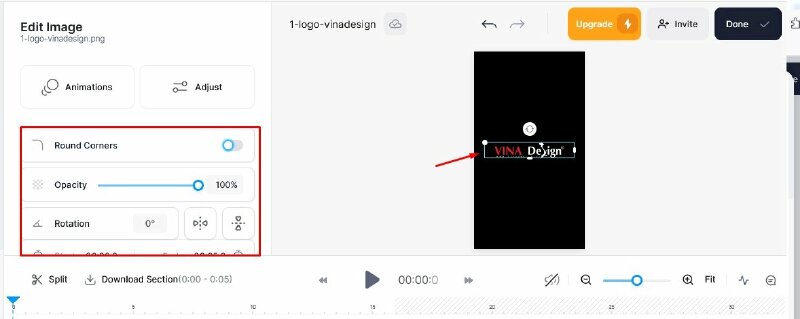 ể điều chỉnh bo góc, xoay hoặc thay đổi độ trong suốt (opacity) của logo bằng cách sử dụng các nút chức năng ở bên trái giao diện.