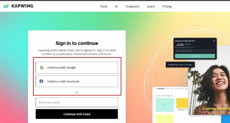 Bước 2: Nhấn vào Sign in để tạo tài khoản cá nhân > Chọn phương thức đăng nhập bằng tài khoản Google hoặc Facebook.
