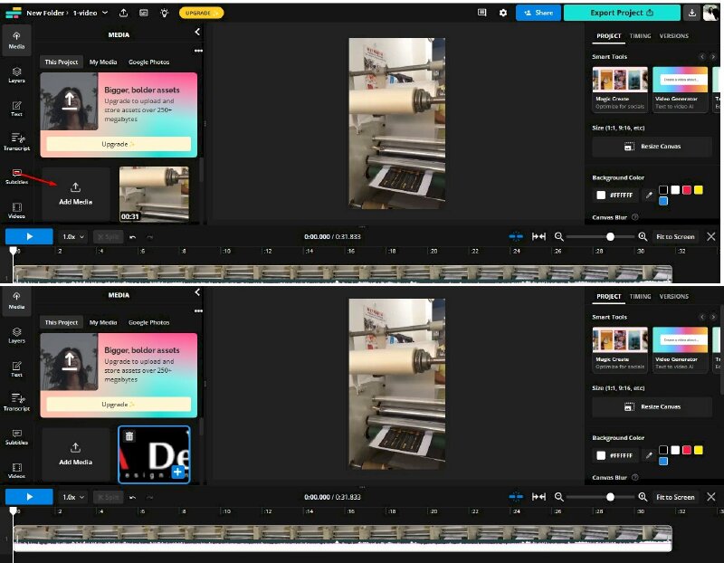 Bước 4: Để thêm logo vào dự án hãy nhấn vào Add Media > Nhấp vào Click to upload > Chọn logo cần chèn vào video > Nhấp Open. Logo sau khi được thêm vào thì sẽ được hiển thị phía bên trái giao diện ở mục MEDIA. 