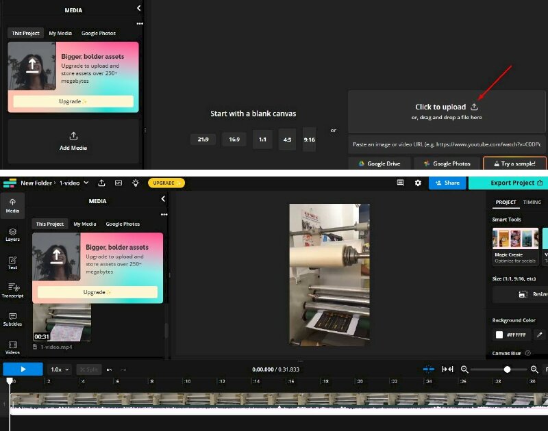 Bước 3: Nhấn vào Create New Project > Nhấp vào Click to upload > Chọn video cần chèn logo > Nhấp Open. Như vậy video sẽ được thêm vào dự án.