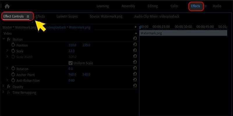 Chọn tab Effect > Chọn Effect Controls