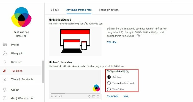 Chọn thời gian mà bạn muốn logo hiển thị trên video. Bạn có thể chọn hiển thị trên toàn bộ video, ở cuối video hoặc tùy chỉnh thời gian.
