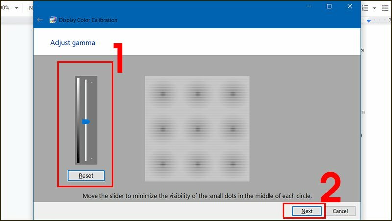 Bước 3: Ở bảng Adjust gama, mặc định ở mức trung bình, hãy điều chỉnh tăng giảm độ tương phản màn hình phù hợp với mắt nhìn của mình > Nhấn Next để lưu cài đặt.