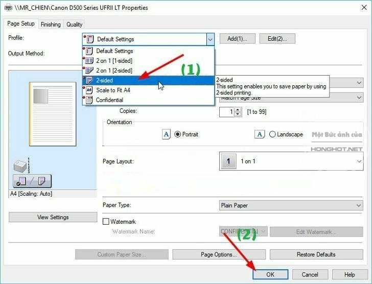 Bước 3: Trong phần Page Setup > Chọn 2 Sided > Bấm OK để tiến hành in. Nếu cần căn chỉnh khổ giấy trước khi in thì hãy chọn Page Size và lựa chọn khổ giấy in. Sau đó bấm OK để bắt đầu in 2 mặt.