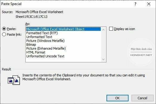 Bước 1: Copy tài liệu Excel cần in 2 mặt > Mở file Word cần dán > Vào mục Edit > Chọn Paste special để chọn dòng Microsoft Office Excel Worksheet Object để giữa nguyên bố cục và định dạng > Nhấn OK. 