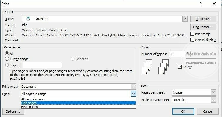 Bước 3: Khi hộp thoại Print xuất hiện, tại mục Print chọn dòng Odd pages để in những trang lẻ trước > Sau khi in xong những trang lẻ tiến hành đảo mặt giấy để tiếp tục nhập lệnh in với lựa chọn Even pages để in các trang chẵn còn lại.
