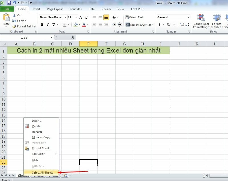 Cách chọn tất cả các sheet cần in: Nhấp chuột phải vào sheet đầu tiên > Chọn Select All Sheet.