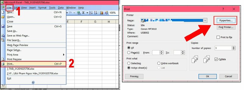 Bước 1: Mở File Excel cần in, chọn Print hoặc nhấn tổ hợp phím Ctrl + P và chọn máy in.