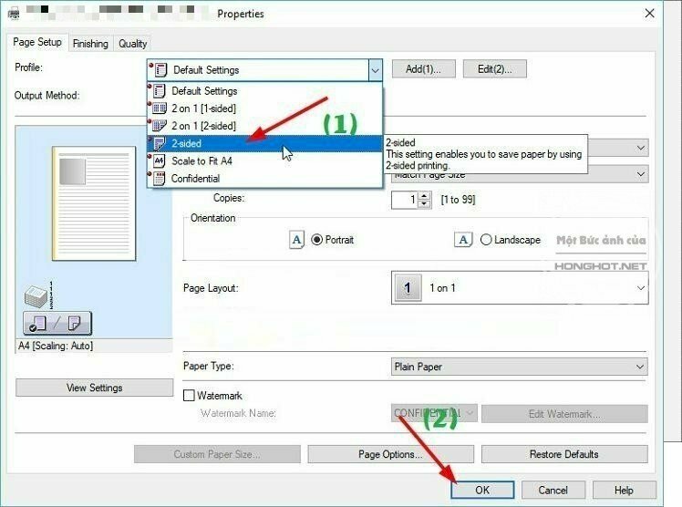 Bước 3: Trong phần Page Setup > Chọn 2 Sided > Bấm OK để tiến hành in.