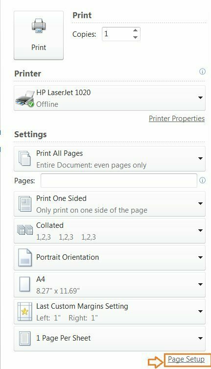 1. Sau khi đã có tài liệu cần in > Bấm Ctrl + P để xuất hiện hộp thoại in > Chọn Paper Setup.