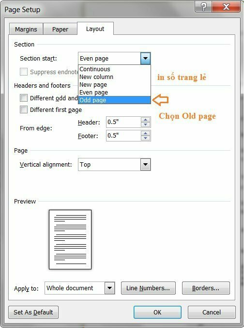 2. Tại cửa sổ Page Setup chuyển qua tab Layout > Chọn tùy chọn Old Page để chỉ in số trang lẻ trong tài liệu > Bấm OK xác nhận cài đặt.
