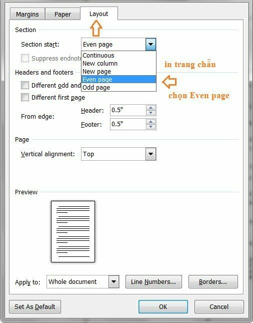 Chuyển sang tab Layout > Chọn Even Page để chỉ in số trang chẵn trong tài liệu > Bấm OK. 