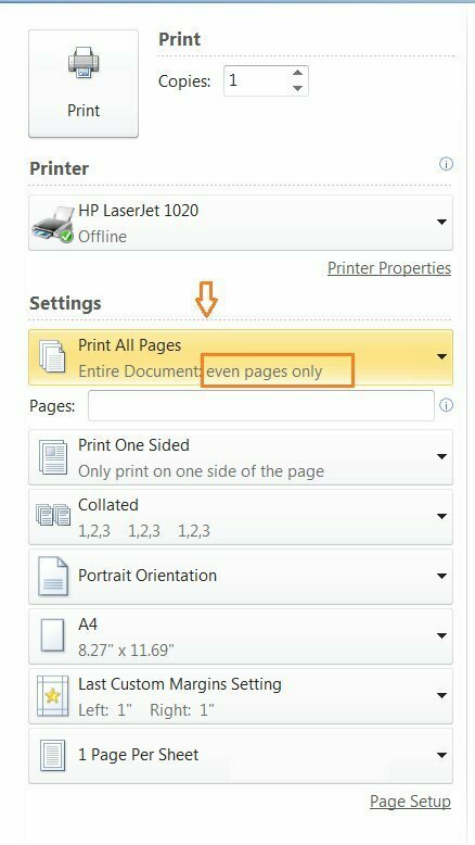 3. Để hoàn thành cài đặt in số trang chẵn, tại mục Print All Page > Chọn Even Page Only > Bấm Print để máy in tiến hành chỉ in số trang lẻ cho bạn. 