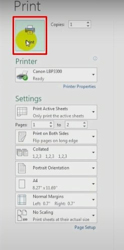 Bước 3: Bấm Print để hoàn thành và thực hiện lệnh in 2 mặt trong Excel bằng máy in Canon 3300.
