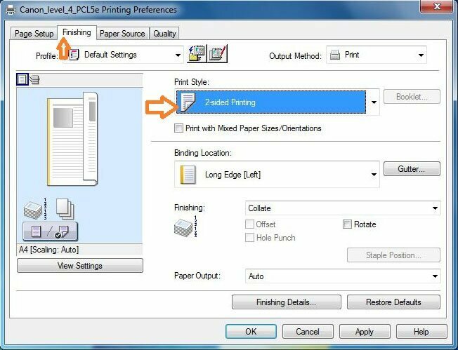 Bước 3: Bấm vào tab Tab Finishing > Chọn 2-side Printing > Bấm OK > Apply để tiến hành in.