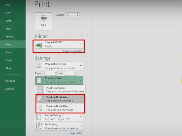 Bước 2: Dưới phần Settings, bạn bấm mũi tên bên phải của Print One Sided (In một mặt) và chọn sang Print on Both Sides (In hai mặt). Và tùy chọn 2 kiểu in: