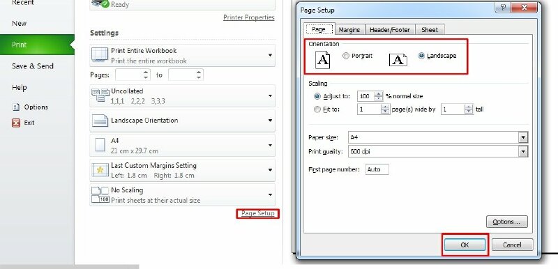 Để cài đặt in giấy ngang hãy vào Page Setup > Ở mục Orientation chọn Landscape. 