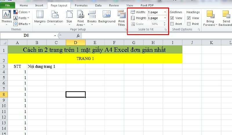 Bước 3: Tại Page Layout tại mục Scale to Fit bạn hãy chọn Width là 1 page và Height cũng là 1 page nếu như file Excel của bạn có 2 trang, trường hợp file Excel của bạn có 4 trang thì hãy chọn Width là 2 page và Height 2. Tương tự để in dồn 2 trang trên 1 mặt giấy A4 Excel bạn chỉ cần lấy số trang và chia cho 2 và nhập vào Width và Height.