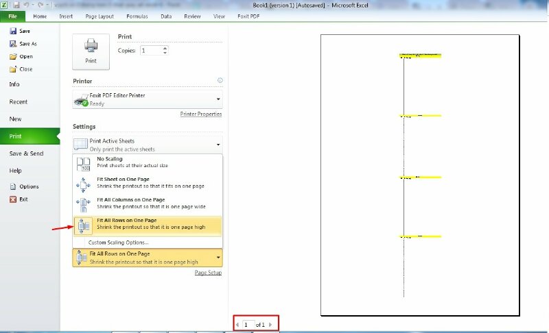 Bước 4: Trong phần Settings > Bấm vào No Scaling > Chọn Fit All Rows on One Page để dồn toàn bộ các dòng trong Sheet vào 1 trang giấy A4.