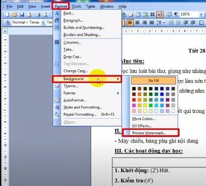 Bước 2: Trên thanh menu chọn Format > Nhấp vào Background > Chọn Printed Watermark... 