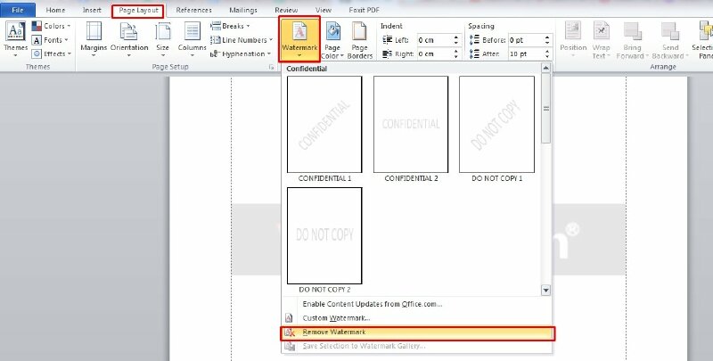 Bước 2: Trên thanh menu chọn Page Layout > Chọn Watermark > Chọn Remove Watermark là xong.