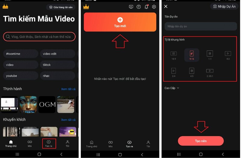 Bước 2: Nếu bạn chưa có video bạn cần nhập video vào dự án của mình. Để thêm video, logo hãy chọn Tạo ra ở góc dưới  > Chọn Tạo mới  > Chọn tỷ lệ khung hình phù hợp với video > Bấm Tạo nên.