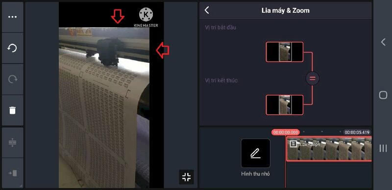 Bước 7: Chạm 2 ngón tay vào màn hình và kéo video thu nhỏ lại và kéo video về góc bên trái. Sao cho khung hình video thoát khỏi logo, video không bị chèn logo Kinemaster lên.