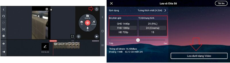 Bước 8: Thực hiện các chỉnh sửa trên video theo ý muốn của bạn. Xong hãy nhấn vào biểu tượng Xuất ở góc phải > Chọn Độ phân giải video > Bấm Lưu dưới dạng video.