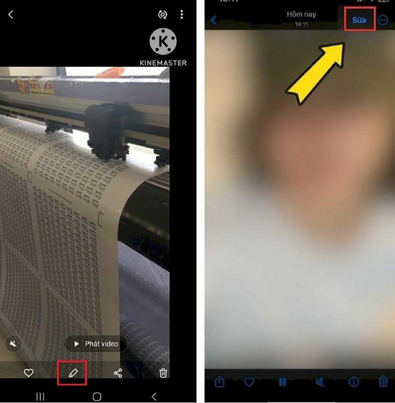 Bước 9: Bạn truy cập album ảnh và mở video mà bạn vừa xuất ra từ ứng dụng Kinemaster > Chọn Sửa ở góc trên bên phải của màn hình đối với Iphone và biểu tượng hình cây bút phía dưới màn hình đối với Samsung.