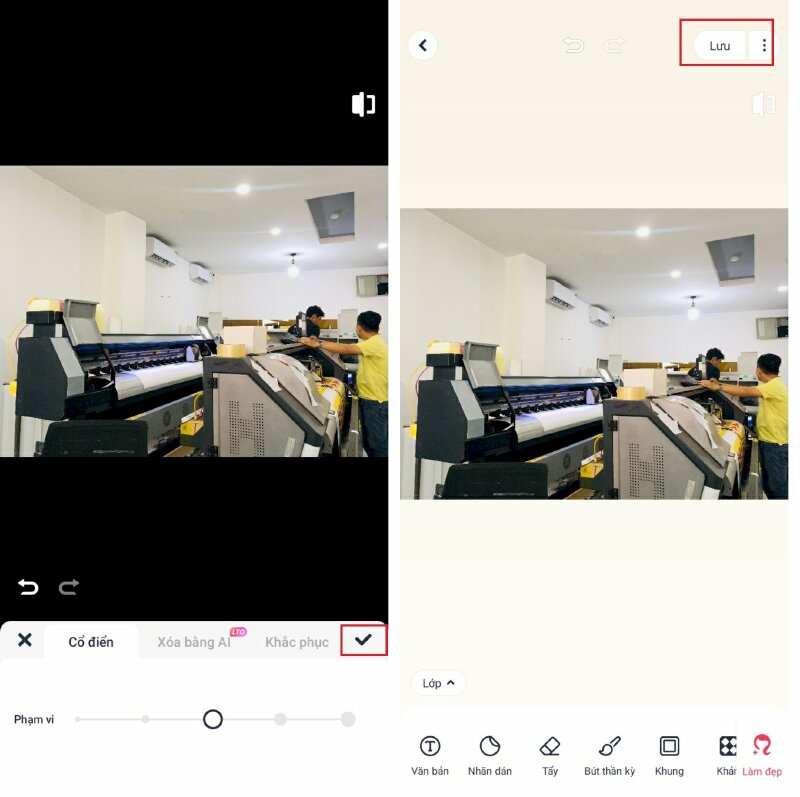 Bước 5: Sau khi xóa xong hãy bấm dấu tích V để hoàn thành > Bấm Lưu trên gốc phải màn hình để lưu lại ảnh đã xóa logo vào điện thoại.
