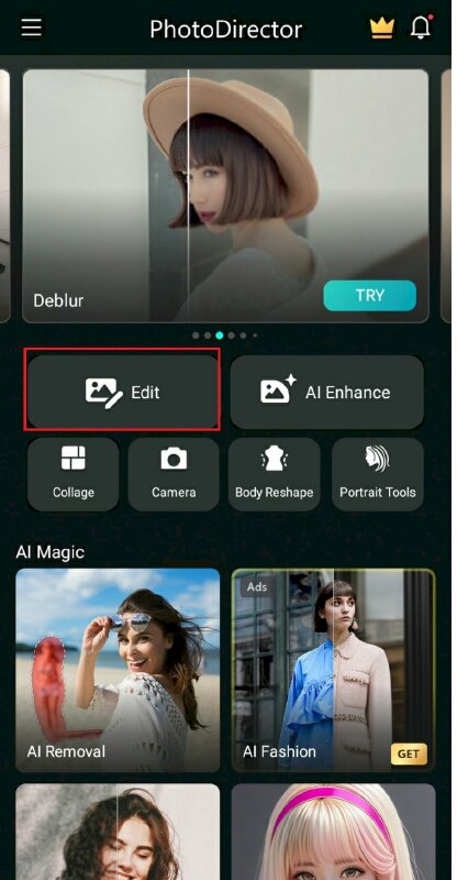 Bước 2: Mở ứng dụng PhotoDirector > Bấm vào Edit > Chọn ảnh cần xóa logo trong thư viện ảnh của bạn