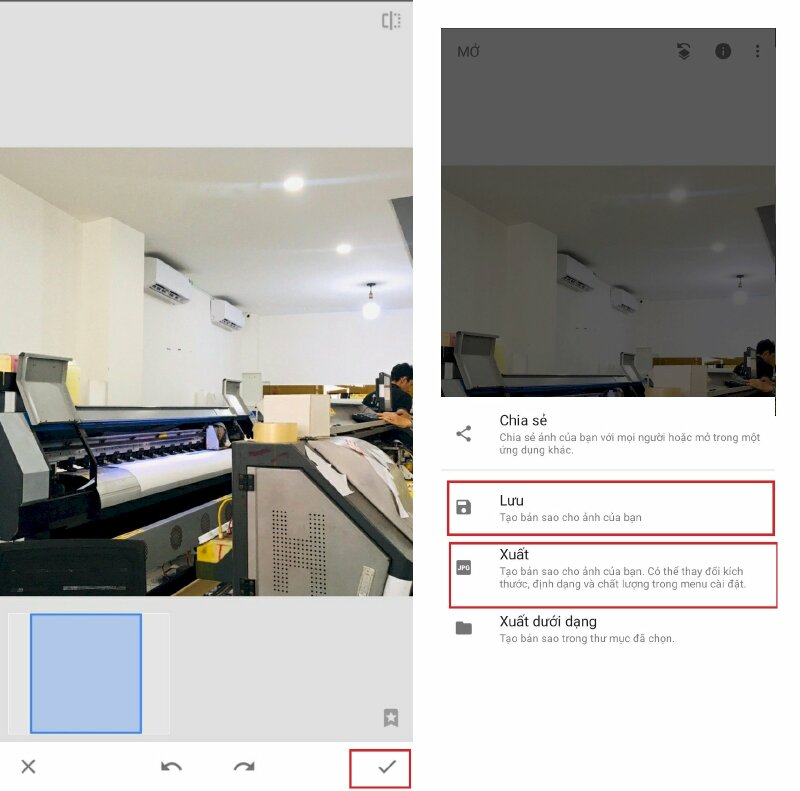 Bước 5: Khi bạn đã hoàn thành việc xóa logo trên ảnh hãy bấm dấu tích V dưới góc phải màn hình > Nhấn nút Lưu hoặc Xuất để lưu bức ảnh đã xóa logo về điện thoại.
