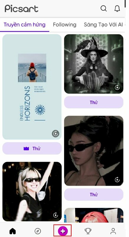 Bước 2: Mở ứng dụng PicsArt, bấm vào dấu + màu tím và chọn ảnh mà bạn muốn xóa logo.