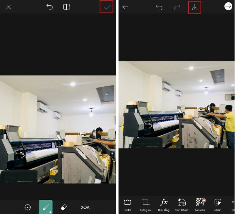 Bước 5: Sau khi đã xóa hết logo trên ảnh hãy bấm vào dẫu tích V ở góc phải màn hình > Bấm mũi tên tải xuống để lưu ảnh đã xóa logo về máy.